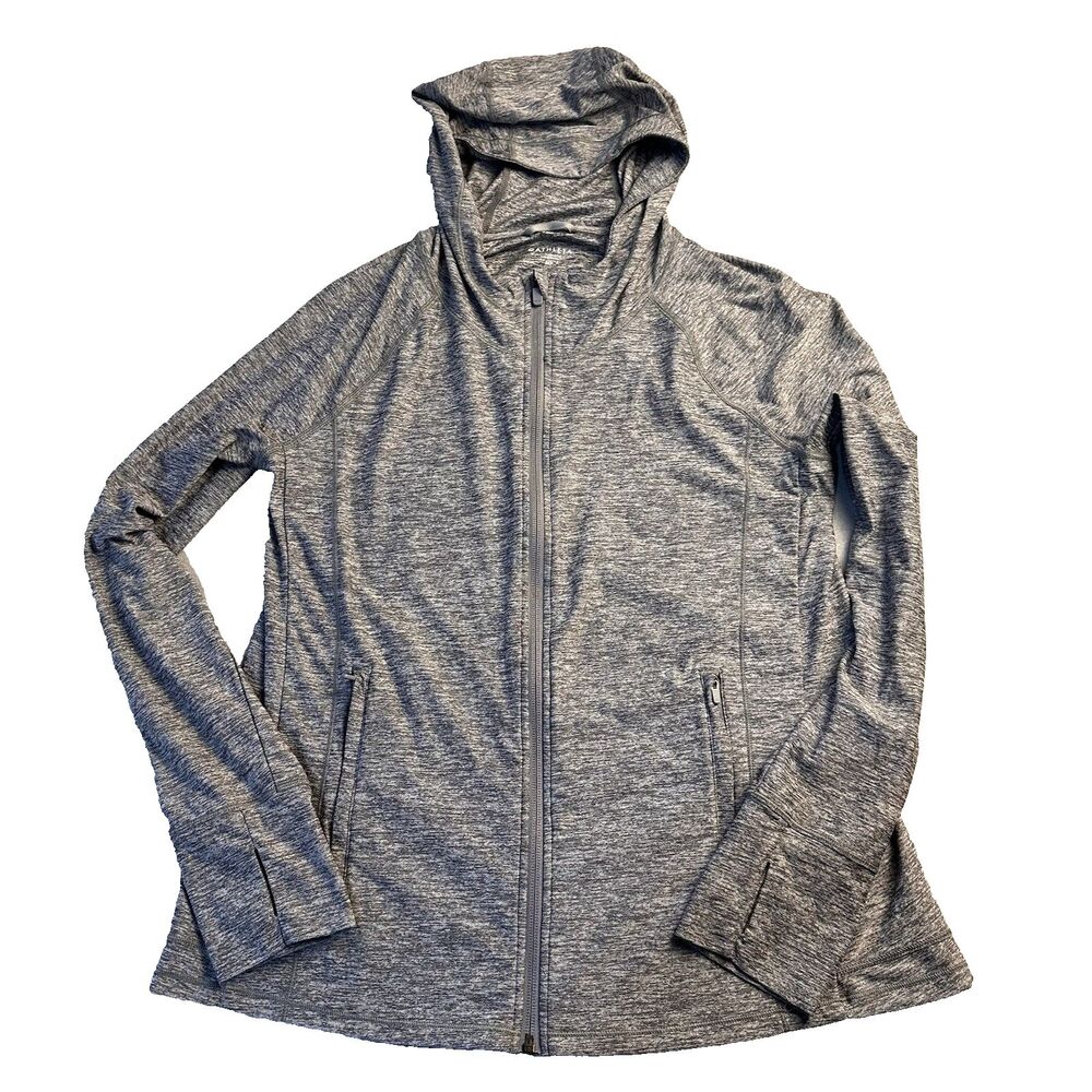 Athleta Jacket Heather Gray Hooded Zip Stretch Knit Athleisure Outdoor Size MP